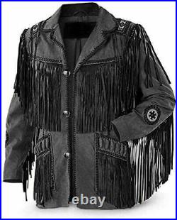Men Western Style Cowboy leather jacket with Fringe Suede Beaded Coat-Black
