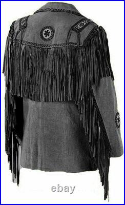 Men Western Style Cowboy leather jacket with Fringe Suede Beaded Coat-Black