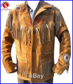 Men Western Suede Cowboy Leather Jacket With Fringes and Beads All Sizes