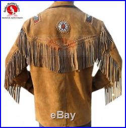 Men Western Suede Cowboy Leather Jacket With Fringes and Beads All Sizes