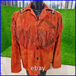 Men Western Suede Fringe Jacket Beaded Cowboy Boho Coat Native Style Brown