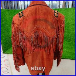 Men Western Suede Fringe Jacket Beaded Cowboy Boho Coat Native Style Brown