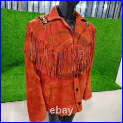 Men Western Suede Fringe Jacket Beaded Cowboy Boho Coat Native Style Brown