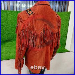 Men Western Suede Fringe Jacket Beaded Cowboy Boho Coat Native Style Brown