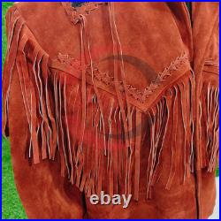 Men Western Suede Fringe Jacket Beaded Cowboy Boho Coat Native Style Brown