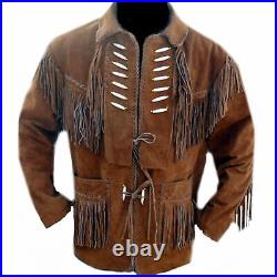 Men Western Suede Leather Jacket Wear Fringes Beads Native American Cowboy Coat