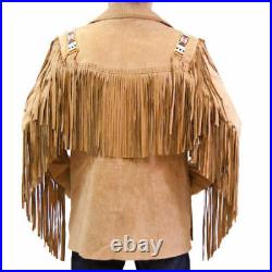 Men Western Tan Cowhide Leather Cowboy Fringe Beaded Native American Coat Jacket