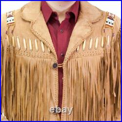 Men Western Tan Cowhide Leather Cowboy Fringe Beaded Native American Coat Jacket