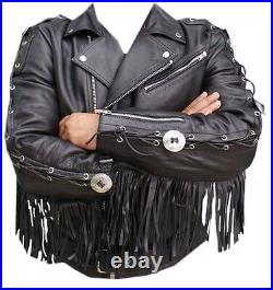 Men Western Wear Cowboy Brando Black Leather Fringe Biker Jacket Concho Mj1