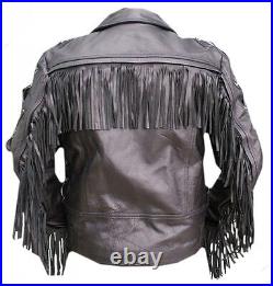 Men Western Wear Cowboy Brando Black Leather Fringe Biker Jacket Concho Mj1