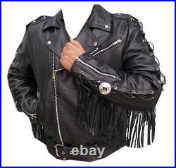 Men Western Wear Cowboy Brando Black Leather Fringe Biker Jacket Concho Mj1