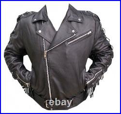 Men Western Wear Cowboy Brando Black Leather Fringe Biker Jacket Concho Mj1