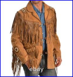 Men Western Wear Cowboy Tan Buffalo Suede Leather Jacket Fringe Beads Braid NL07