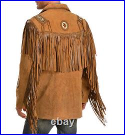 Men Western Wear Cowboy Tan Buffalo Suede Leather Jacket Fringe Beads Braid NL07