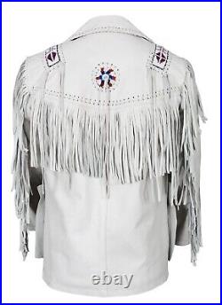 Men Western Wear Cowhide White Soft Leather Fringe Coat Jacket Beaded Braid VP3