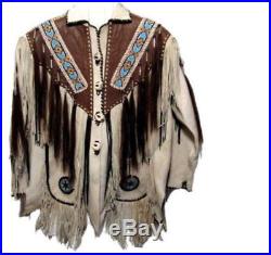 Men White & Brown Cowboy Suede Leather Western Wear Jacket Fringes Beads