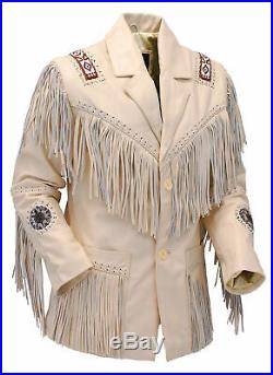 Men-Women Cream Native American Fringe Cowhide Leather Jacket Western Wear Coat