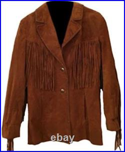 Men-Women Western Brown Jacket Suede Leather Coat Cowboy Fringe Native American