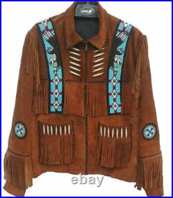 Men/Women-Western Suede Leather Wear Cowboy Fringe Native American Beads Jacket