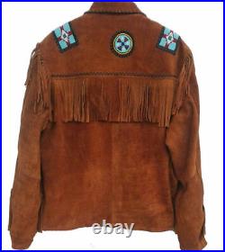 Men/Women-Western Suede Leather Wear Cowboy Fringe Native American Beads Jacket