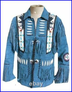 Men-Women-Western Suede Leather Wear Fringe Native American Beads Jacket, Coat