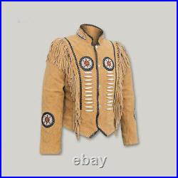 Men-Women Western Wear Tan Suede Leather Cowboy Fringe Beads Style Jacket, Coat