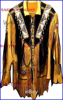Men Yellow Black Western Cowboy Leather Jacket coat With Fringe Bone and Beads