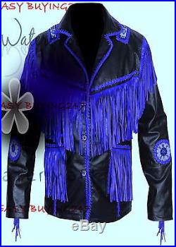 Men black Western Cow Leather Jacket coat blue Fringe Bones and beaded patches