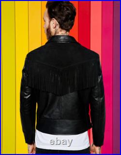 Men black fringe suede leather jacket western cowboy men leather jacket #15