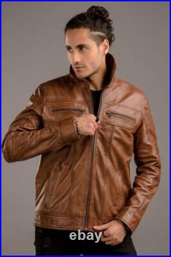 Men brown Cafe racer biker Lambskin leather jacket Coat