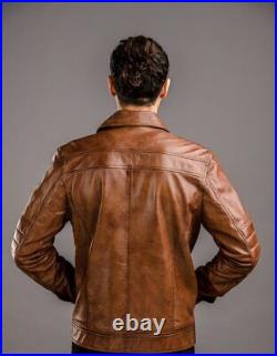 Men brown Cafe racer biker Lambskin leather jacket Coat