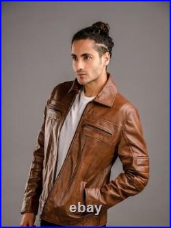 Men brown Cafe racer biker Lambskin leather jacket Coat