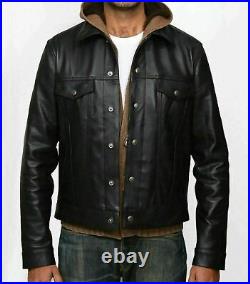 Men genuine Lambskin Leather Western Classic Trucker Styled Black Coat Jacket