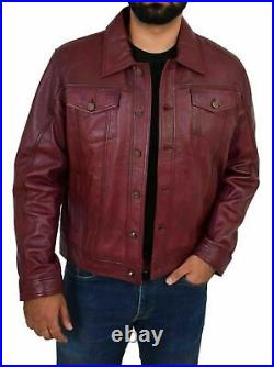 Men genuine lambskin Leather Burgundy Western Denim Style Biker Coat Jacket