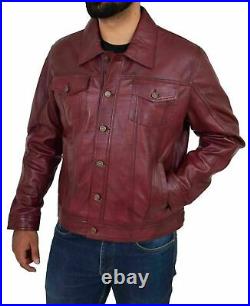 Men genuine lambskin Leather Burgundy Western Denim Style Biker Coat Jacket