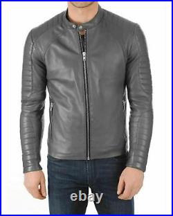 Men genuine lambskin leather Classic Quilted Solid Pattern Moto Gray Coat Jacket