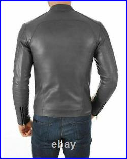 Men genuine lambskin leather Classic Quilted Solid Pattern Moto Gray Coat Jacket