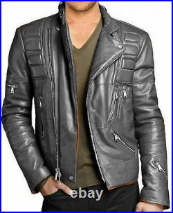 Men genuine lambskin leather Classic Slim Fit Motorbike Gray Coat Jacket