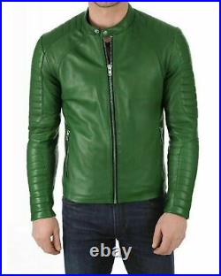 Men genuine lambskin leather Elegant Classic Quilted Solid Green Coat Jacket
