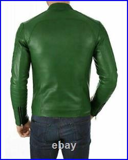 Men genuine lambskin leather Elegant Classic Quilted Solid Green Coat Jacket