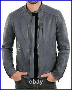 Men genuine lambskin leather Solid Slim Fit Moto Retro Biker Gray Coat Jacket