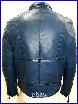 Men genuine lambskin leather Solid Strapped slim Biker Blue Coat Jacket