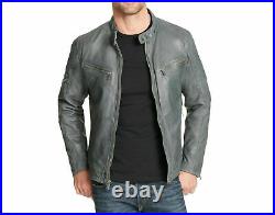 Men genuine lambskin leather Stylish Pattern Solid Biker Gray Coat Jacket