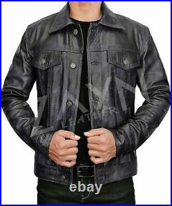 Men genuine lambskin leather Western Denim Outfit Biker Black Coat Jacket