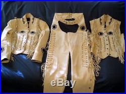 Men offwhite Western cow Leather Jacket Vest and Pants Bones, Fringe Beads Work