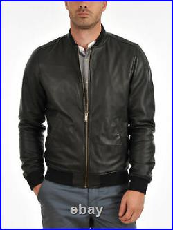 Men's 100% Genuine Lambskin Leather Jacket Black Bomber Biker Jacket Flight Coat
