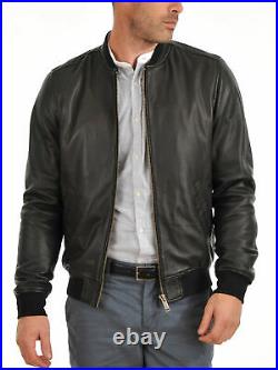 Men's 100% Genuine Lambskin Leather Jacket Black Bomber Biker Jacket Flight Coat