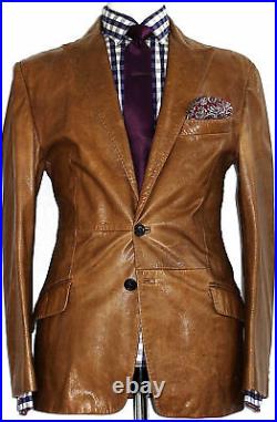 Men's 100% Genuine Lambskin Leather Two Button Blazer Vintage Brown Coat Jacket