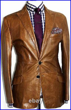 Men's 100% Genuine Lambskin Leather Two Button Blazer Vintage Brown Coat Jacket