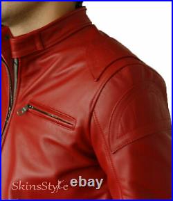 Men's 100% Genuine Real Lambskin Leather Red Jacket Biker Motorcycle Jacket Coat